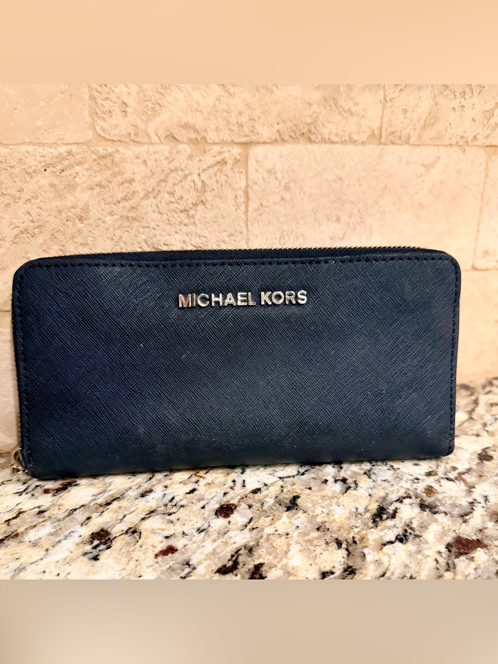 Michael Kors Black Saffiano Leather Zip Wallet with Silver Logo